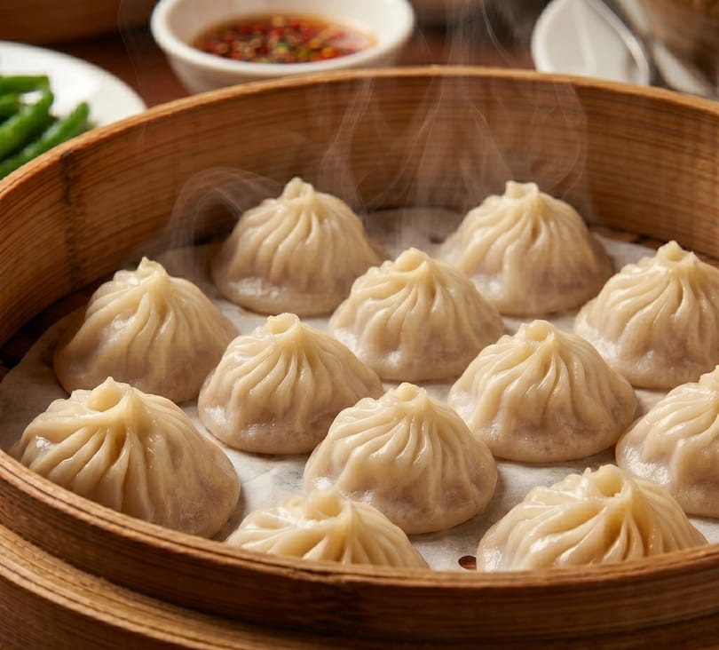 Steaming hot soup dumplings (xiao long bao) in a bamboo steamer basket, with dipping sauce and green beans.
