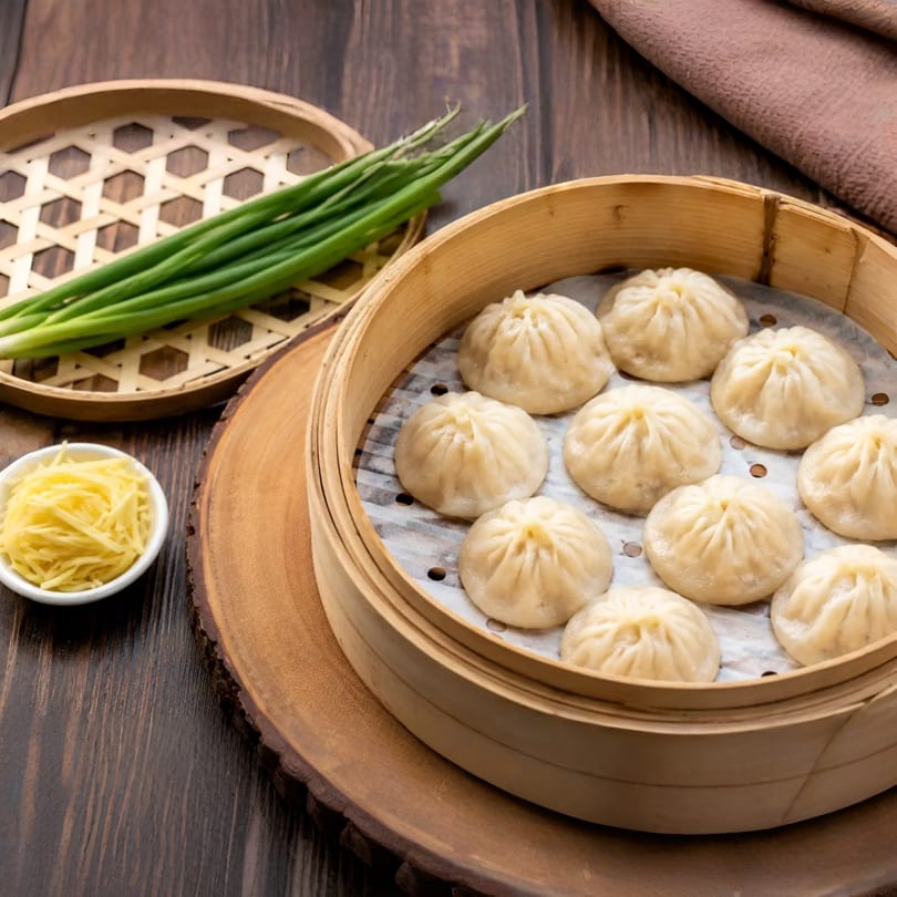 Steamed dumplings in a bamboo steamer with green onions and shredded ginger on a wooden table.