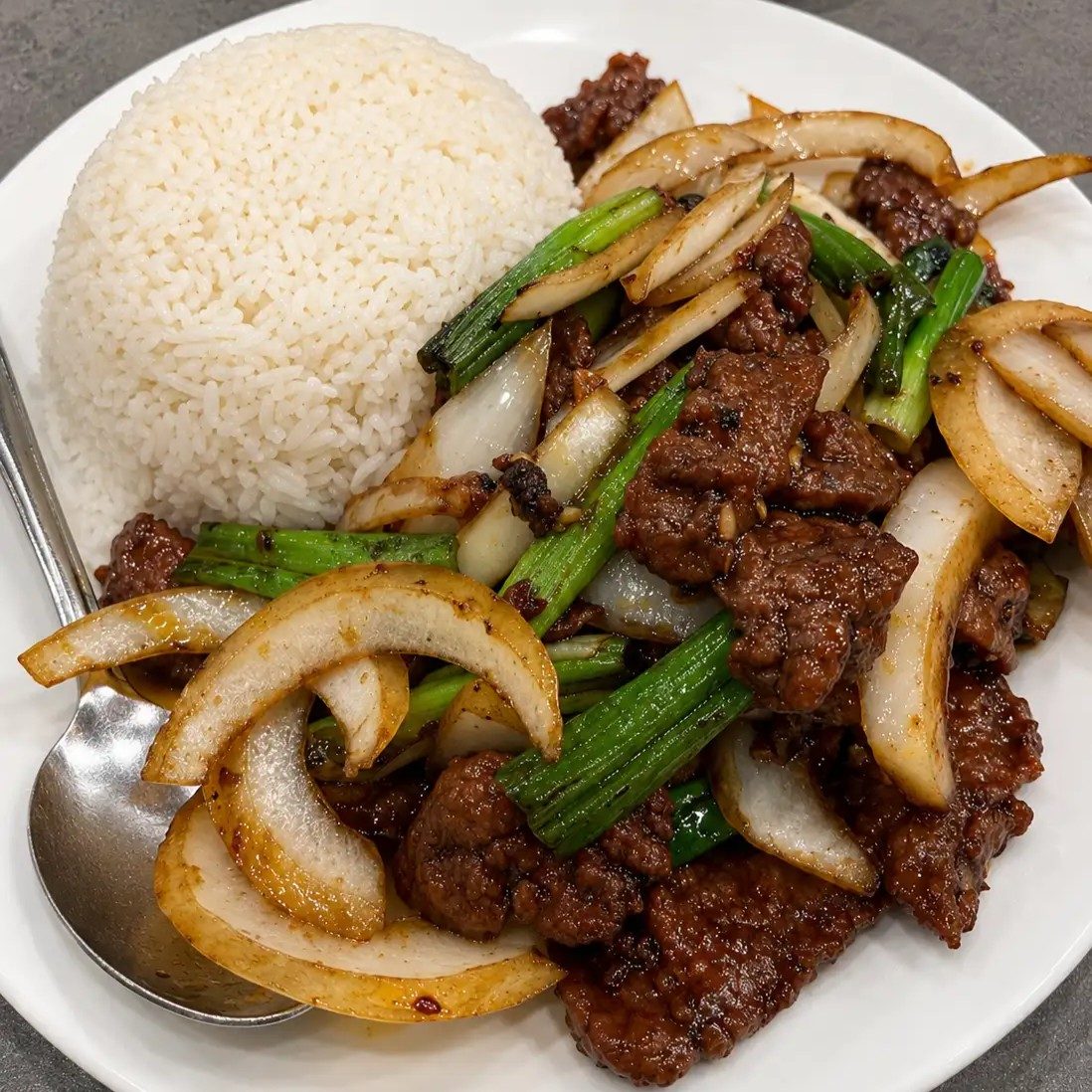 Mongolian Beef Over Rice.